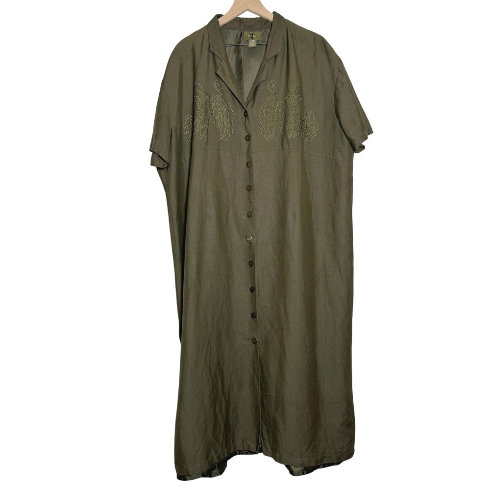 Sherry Taylor Womens Midi Dress 4X Green Ramie Buttons Embroidered Autumn Safari
